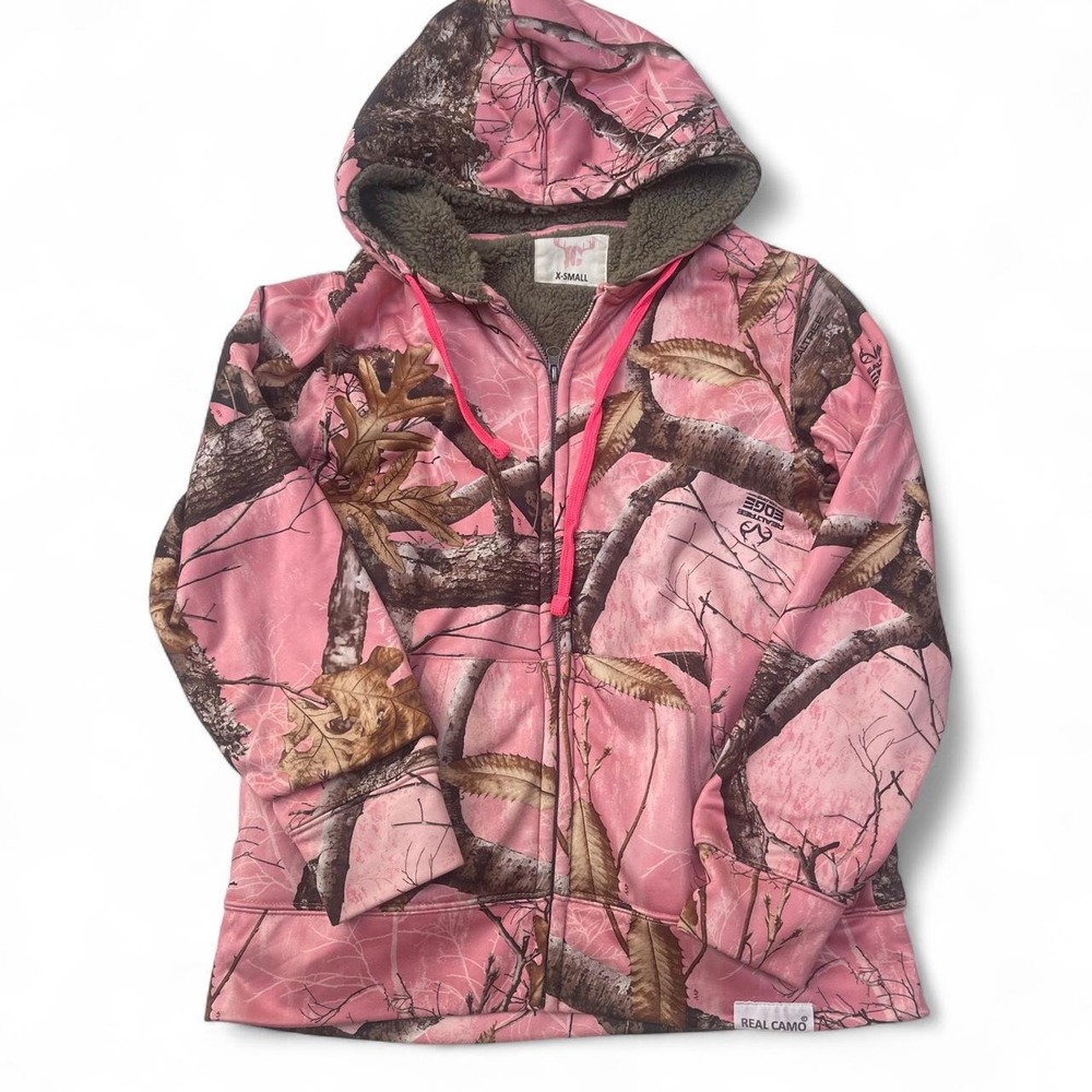 Realtree Edge Pink Camo Sherpa Lined Full Zip Hoodie XS Camouflage Sweatshirt